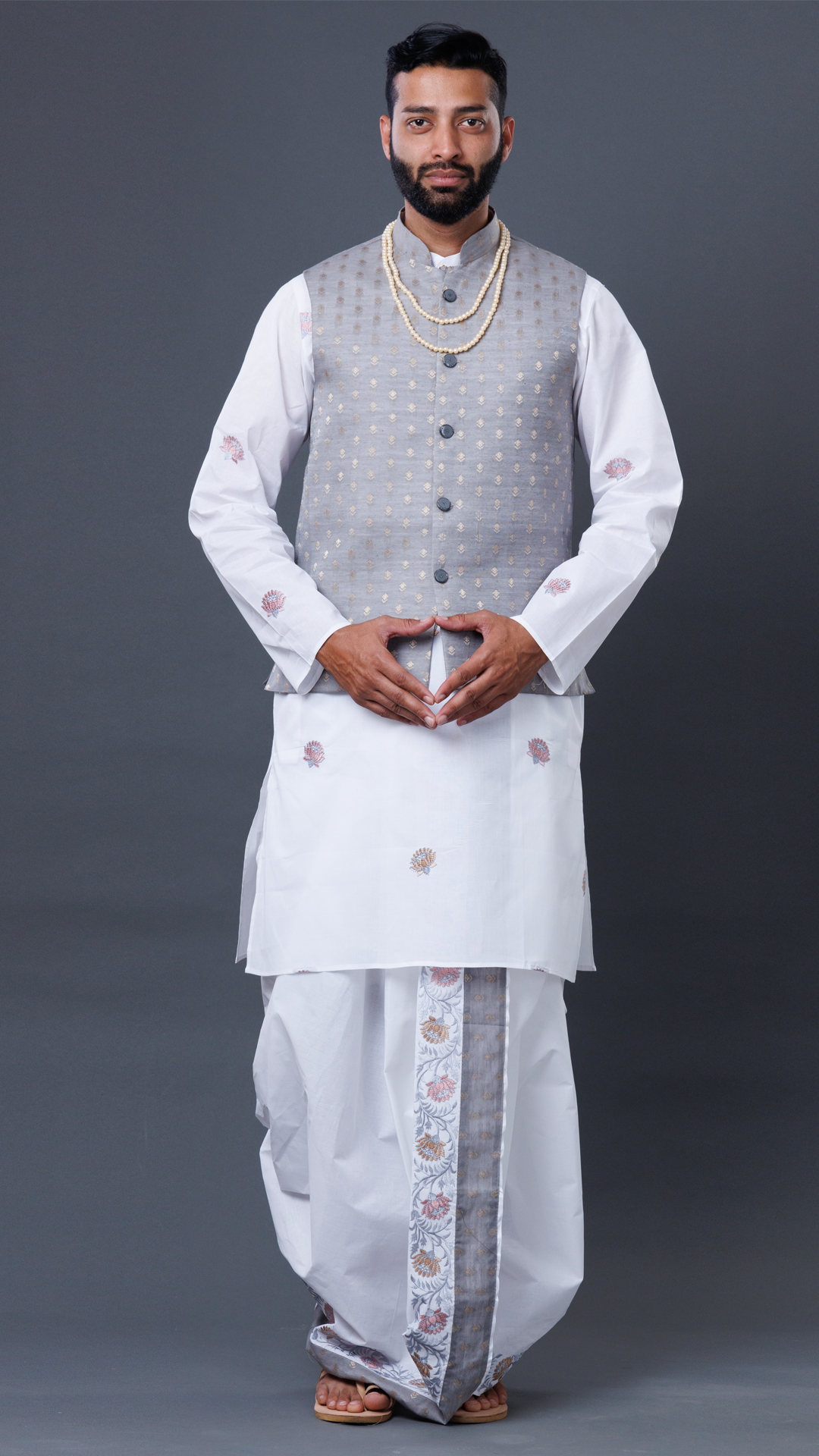 3-Piece Jod Set: White Dhoti, White Kurta & Colored Khesh ratnadeepdhoti