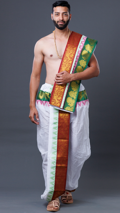 Exclusive Art Silk Dhoti with 5-Inch Jacquard Temple Border (10x6) ratnadeepdhoti