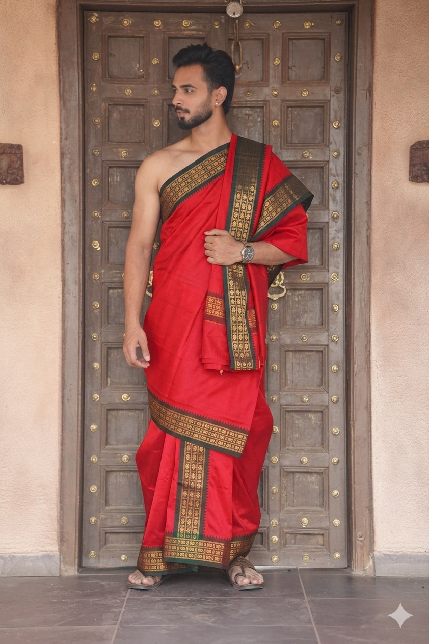 Man wearing a 3 inch border red bahubali cotton dhoti with angavastram
