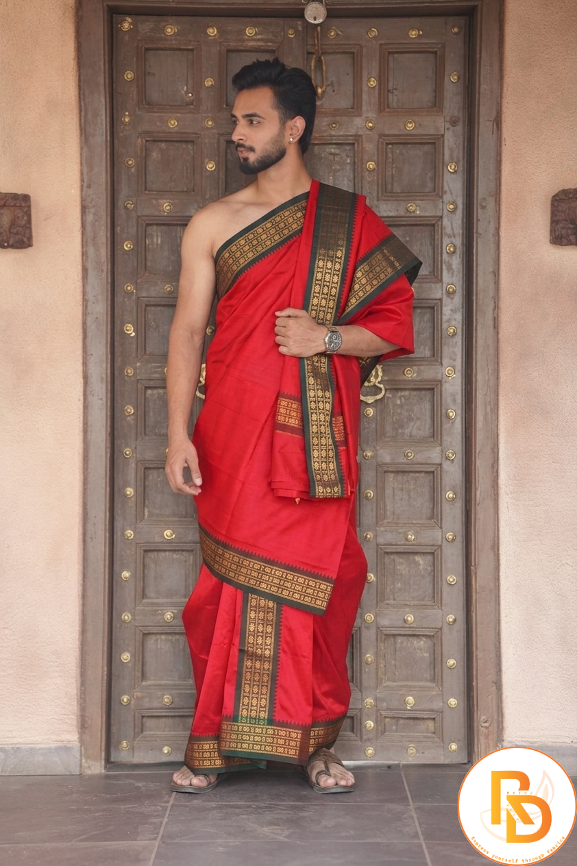 Man wearing a 3 inch border red bahubali cotton dhoti with angavastram