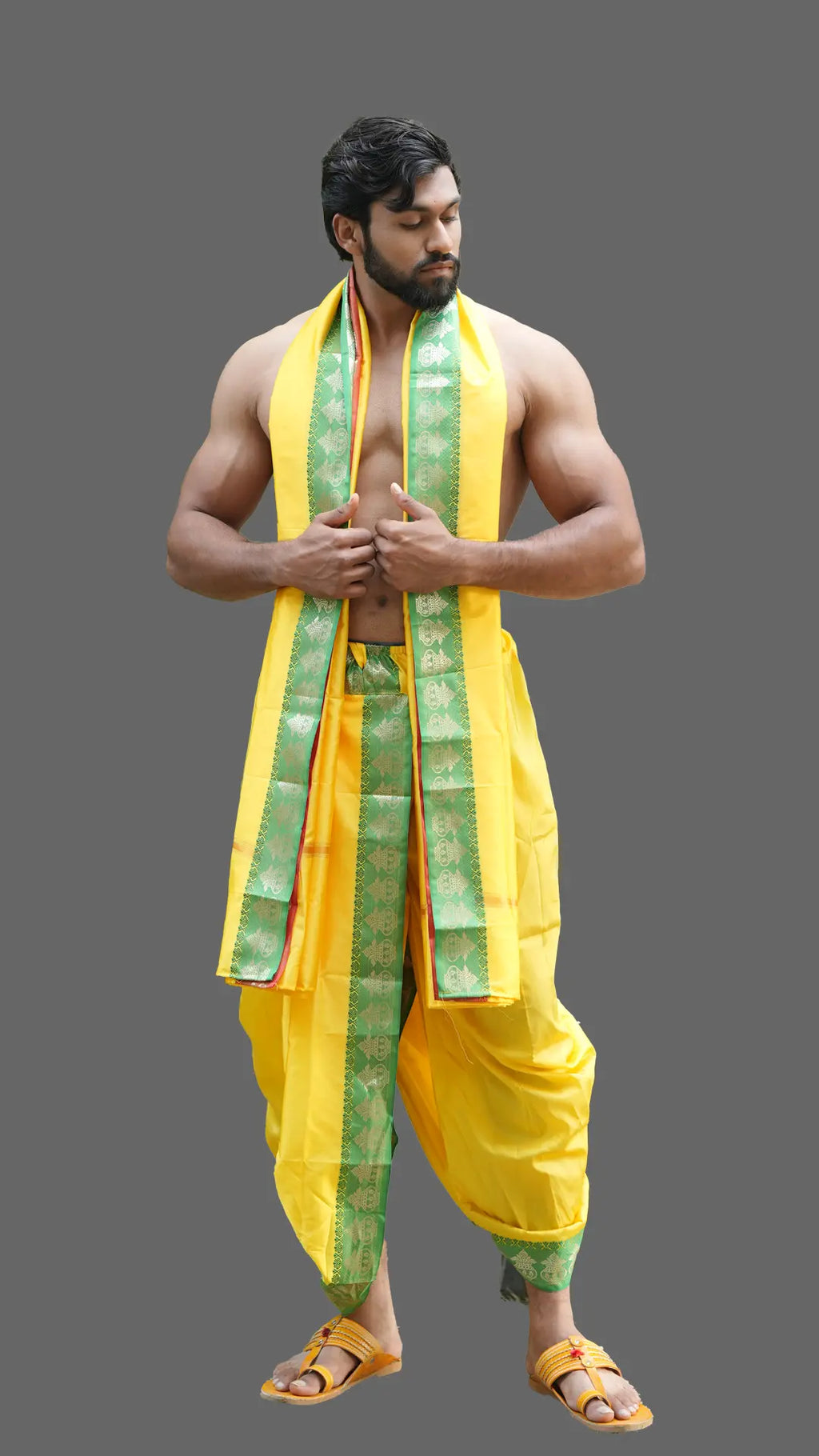 Kalash Border Jod in Yellow and Parrot Green with Design (10x6) ratnadeepdhoti