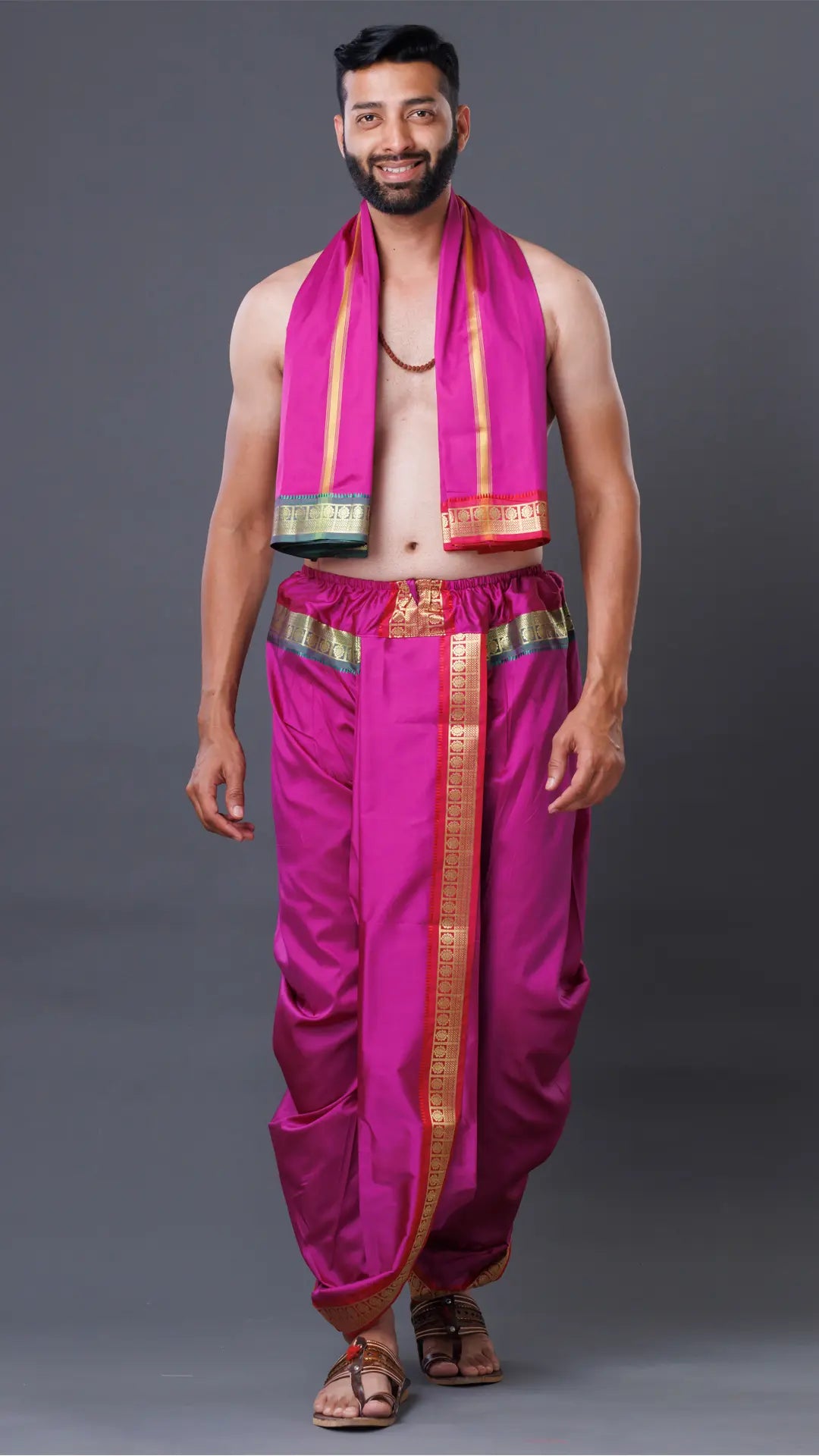 Readymade Silk Dhoti & Uparana in Rani (Pink) Color ratnadeepdhoti