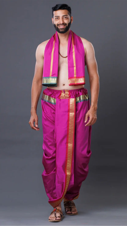 Readymade Silk Dhoti & Uparana in Rani (Pink) Color ratnadeepdhoti