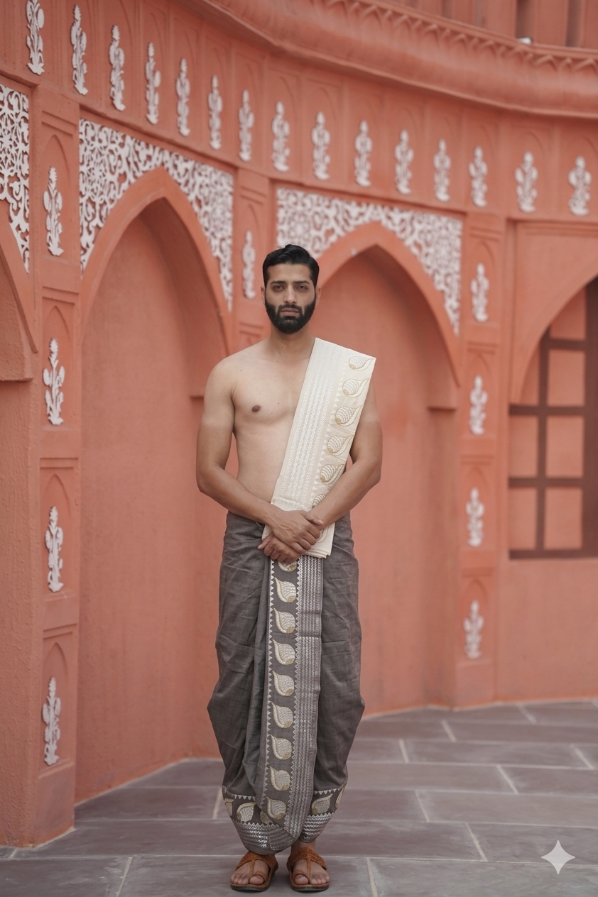 Men attire brown dhoti with cream uparana
