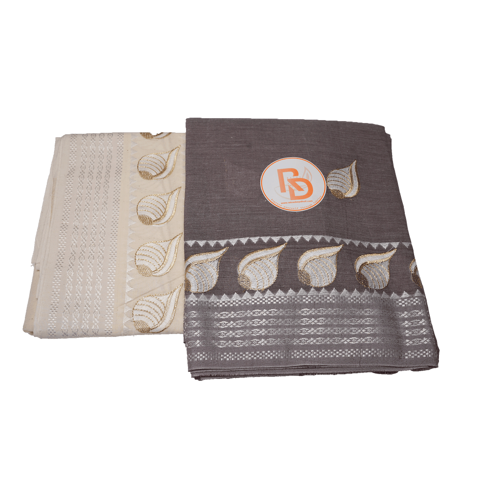 Brown Cotton Dhoti with Uparana | Silver Border & Shell Design Dhoti Set