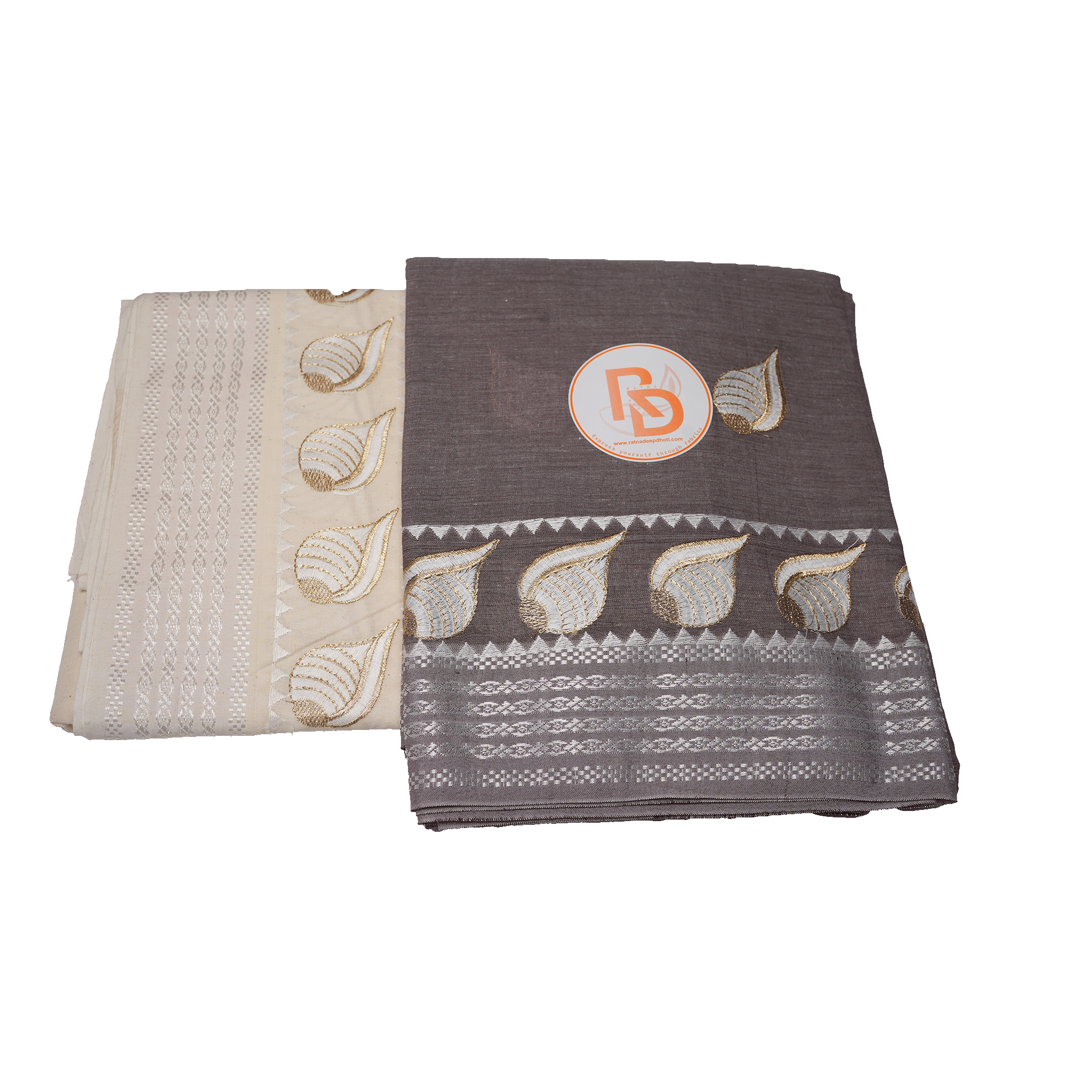 Brown Cotton Dhoti with Uparana | Silver Border & Shell Design Dhoti Set