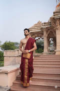 Authentic Pure Silk Dhoti (10x6) – Deep Maroon with Classic Golden Zari Border Ratnadeep Dhoti