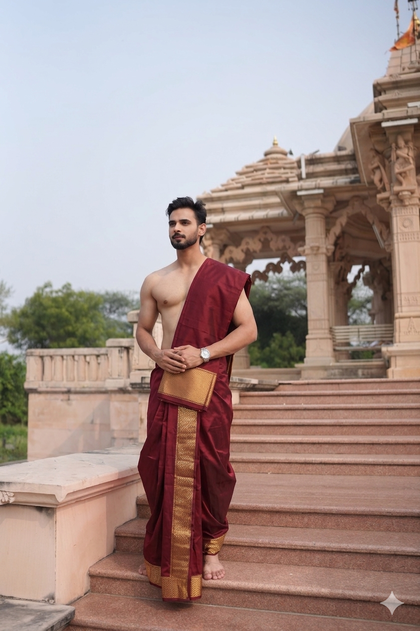 Authentic Pure Silk Dhoti (10x6) – Deep Maroon with Classic Golden Zari Border Ratnadeep Dhoti