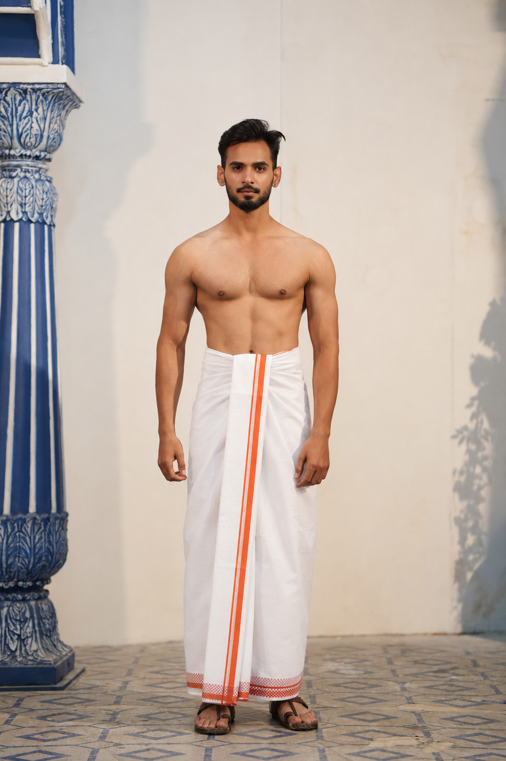 1-Inch Checks Border White Cotton Dhoti Set (10 × 6) with Matching Khes for Men Ratnadeep Dhoti