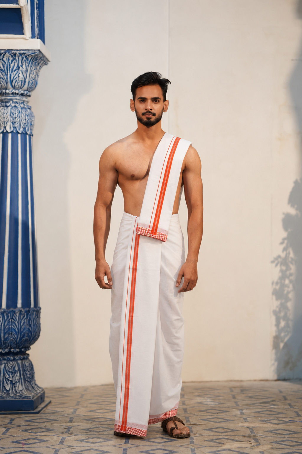 1-Inch Checks Border White Cotton Dhoti Set (10 × 6) for Men Ratnadeep Dhoti