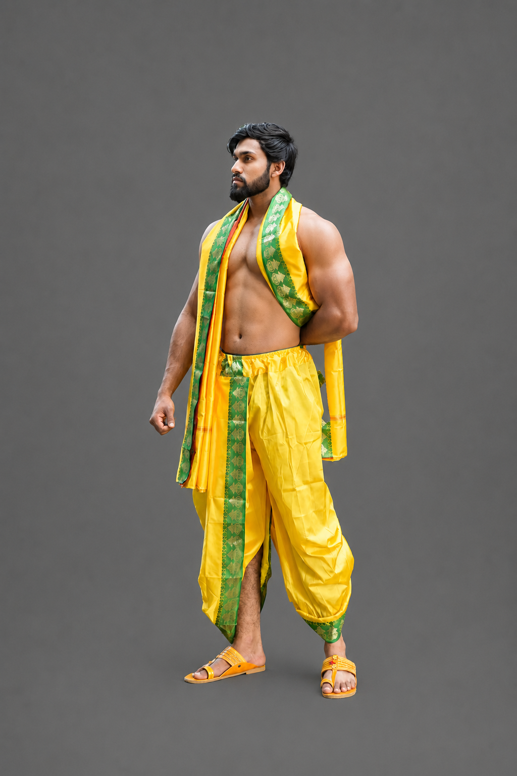 Kalash Border Set In Yellow & Parrot Green With Design Ready-to-wear Dhoti (10 x 6) With Uparana Ratnadeep Dhoti