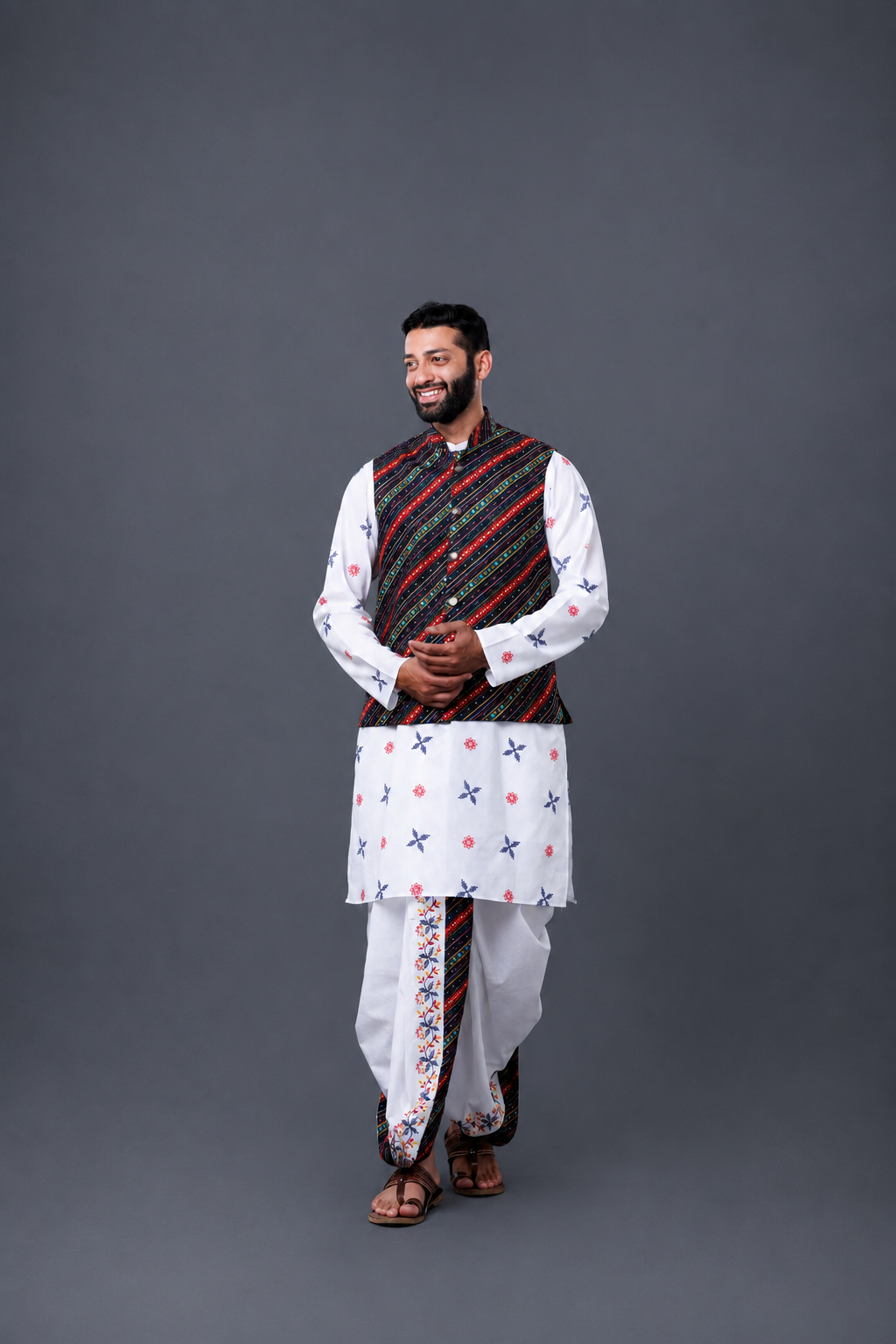 3-Piece Dhoti Set: White Dhoti, Classic White Kurta, and Vibrant Khesh Ratnadeep Dhoti