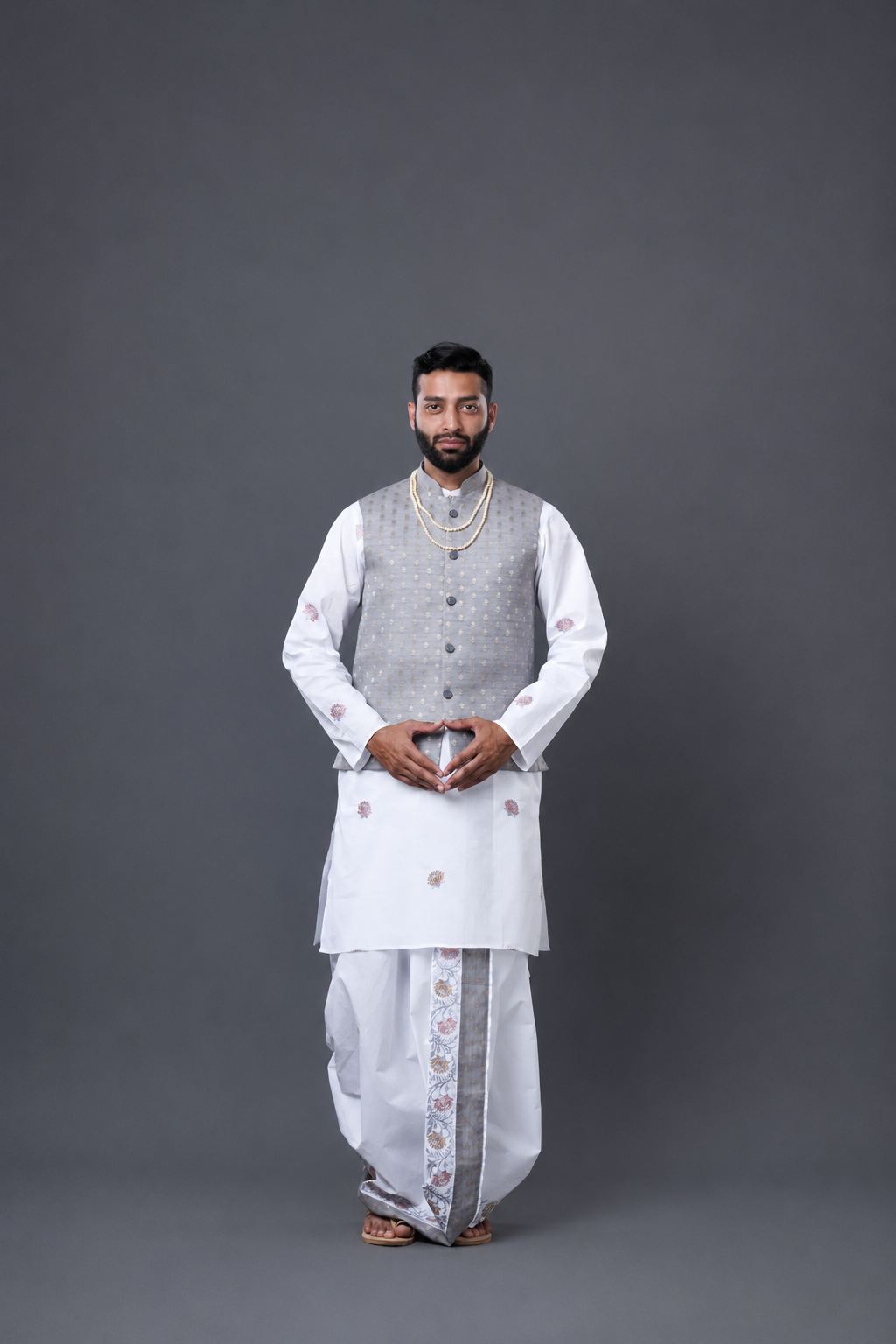 3-Piece Jod: White Dhoti, White Kurta & Colored Khesh (Dhoti 4.5m, Kurta 3m, Khesh 2.25m) Ratnadeep Dhoti