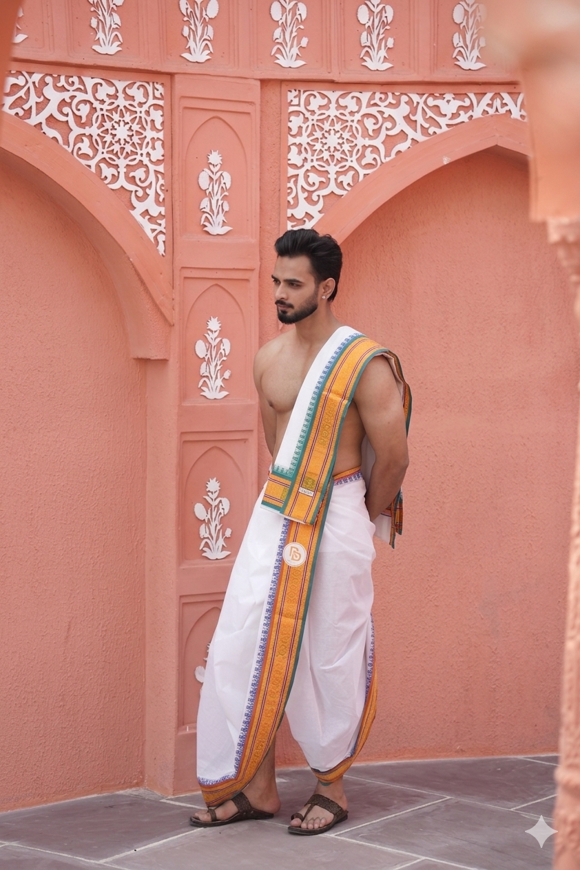 Man Wearing Premium White Cotton Dhoti with Mustard-Gold Temple Border & Green Accents