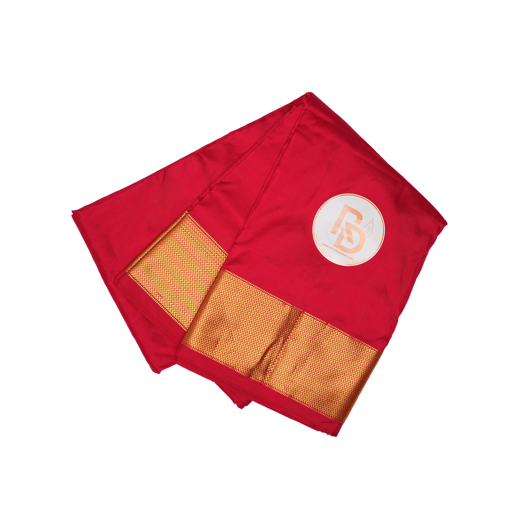 Pure silk red dhoti with golden zigzag pattern border