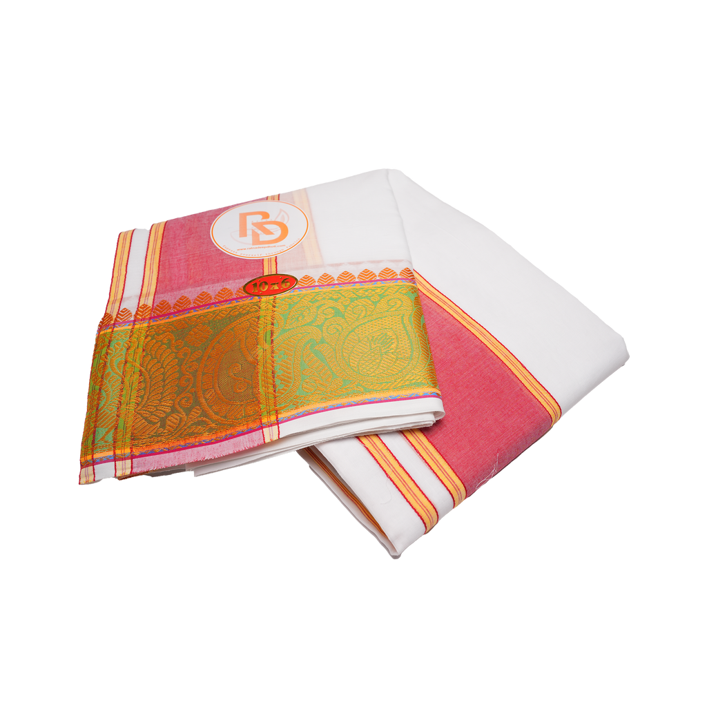 Pink & gold zari bordered white cotton dhoti set