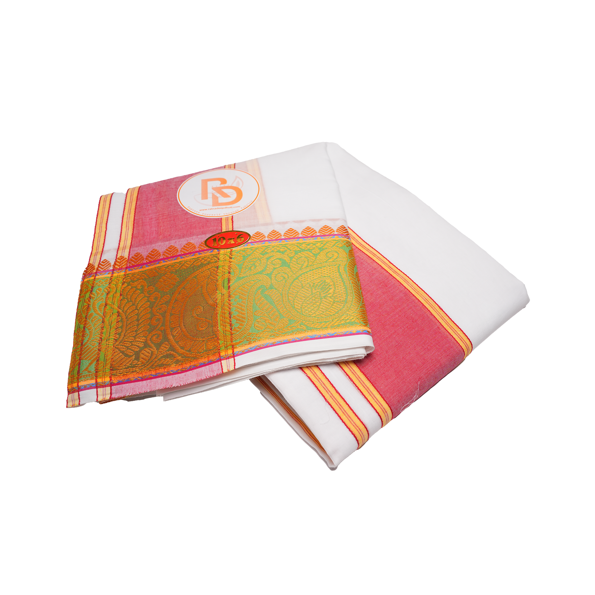 Pink & gold zari bordered white cotton dhoti set