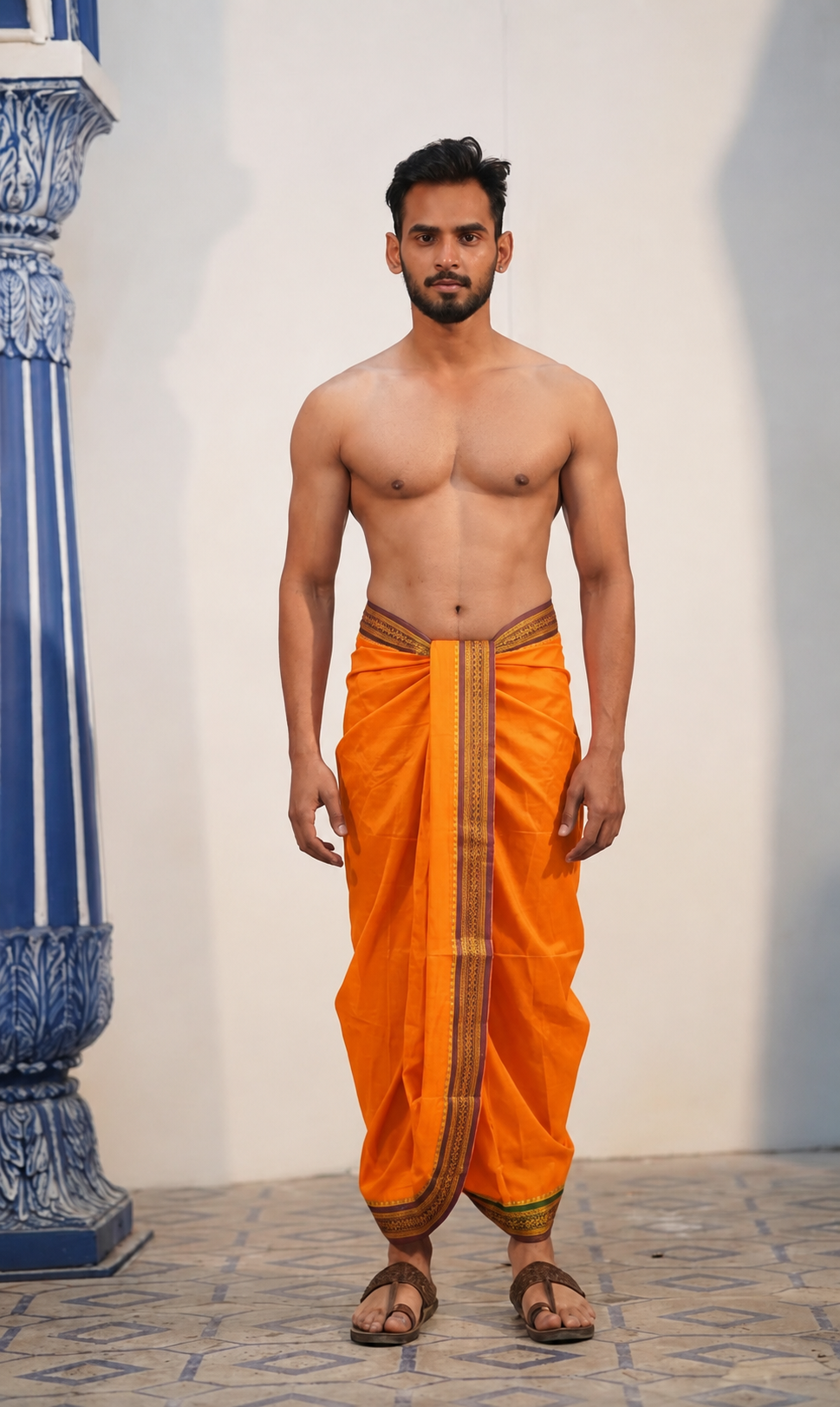Contrast Border Honda Cotton Dhoti (4.5 mtr) for Men