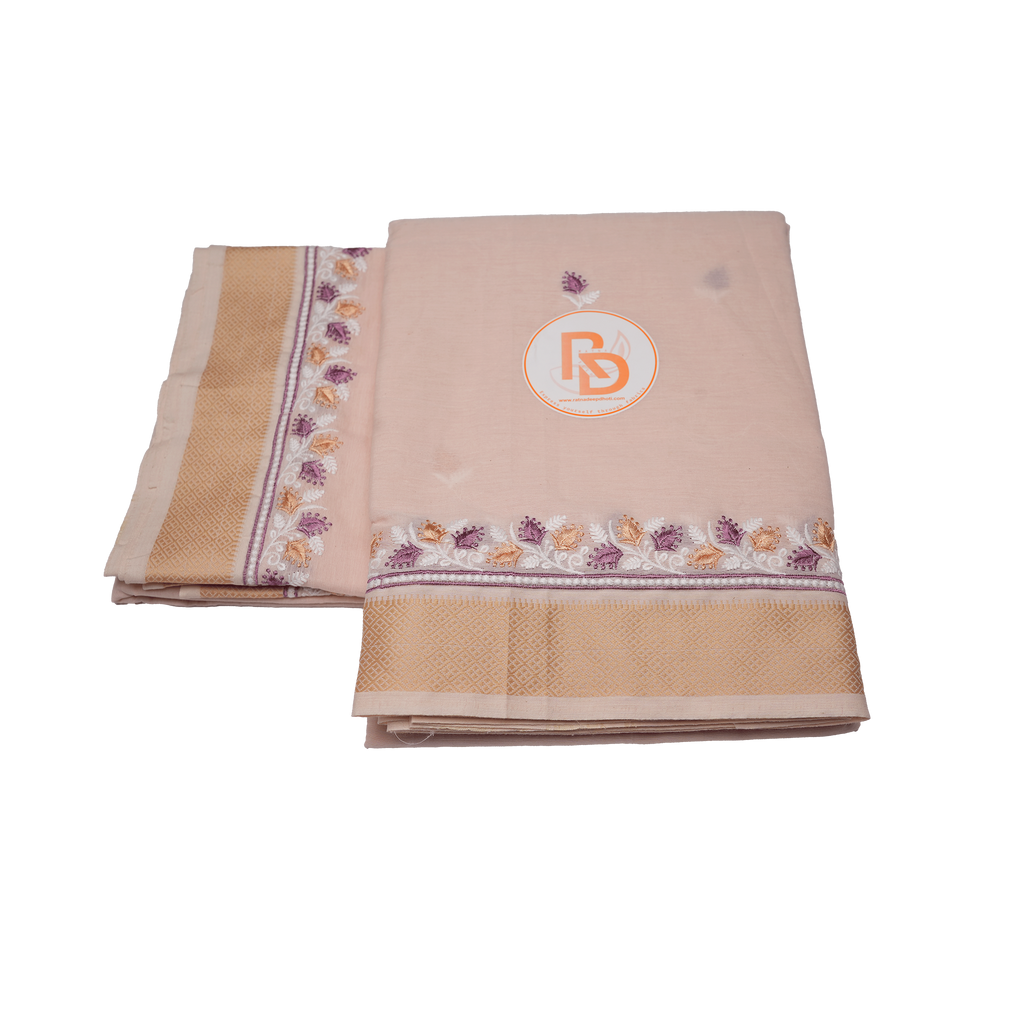 Peach Cotton Dhoti Set(10 × 6) with Floral Embroidered Border | Traditional Wear for Men ratnadeepdhoti
