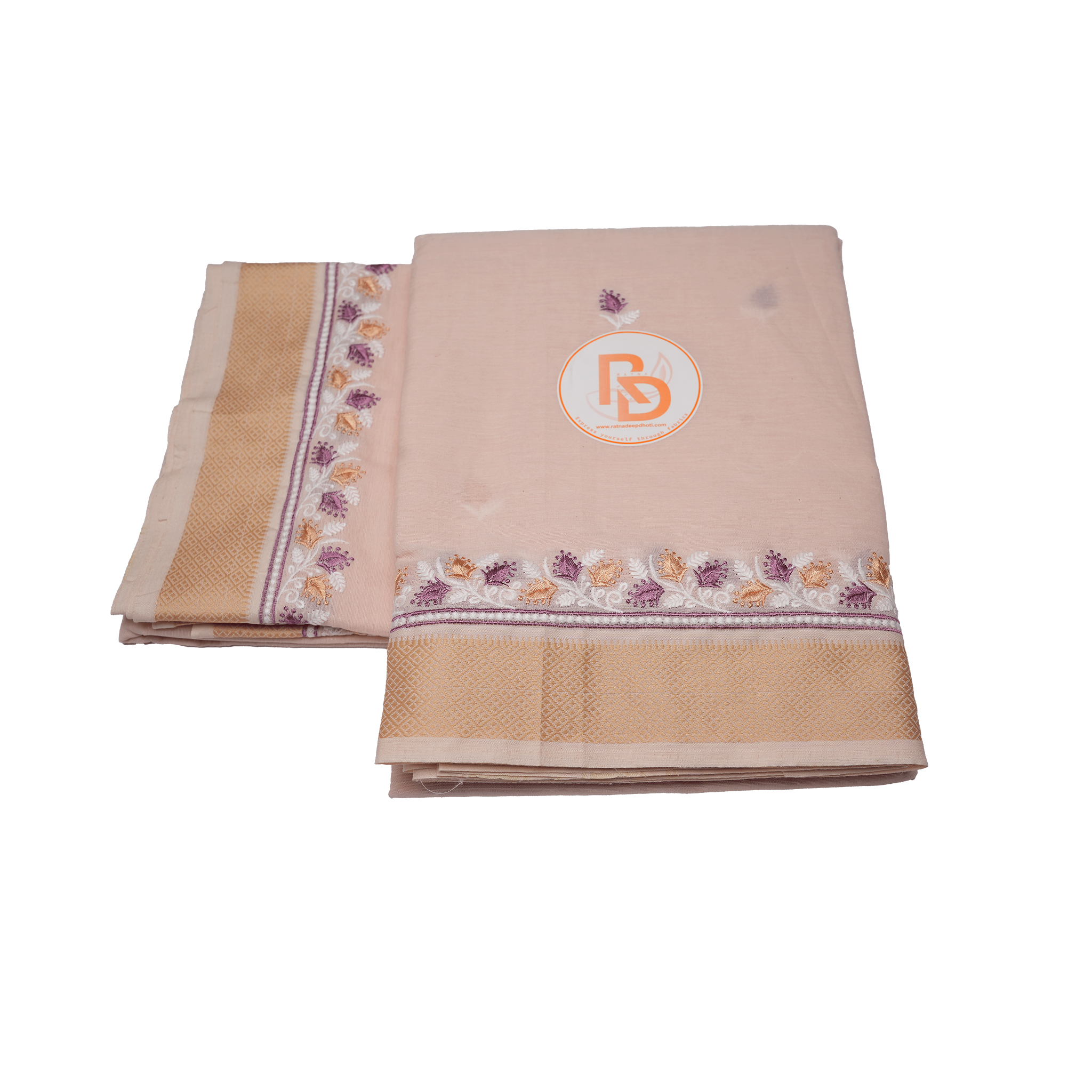 Peach Cotton Dhoti Set(10 × 6) with Floral Embroidered Border | Traditional Wear for Men ratnadeepdhoti