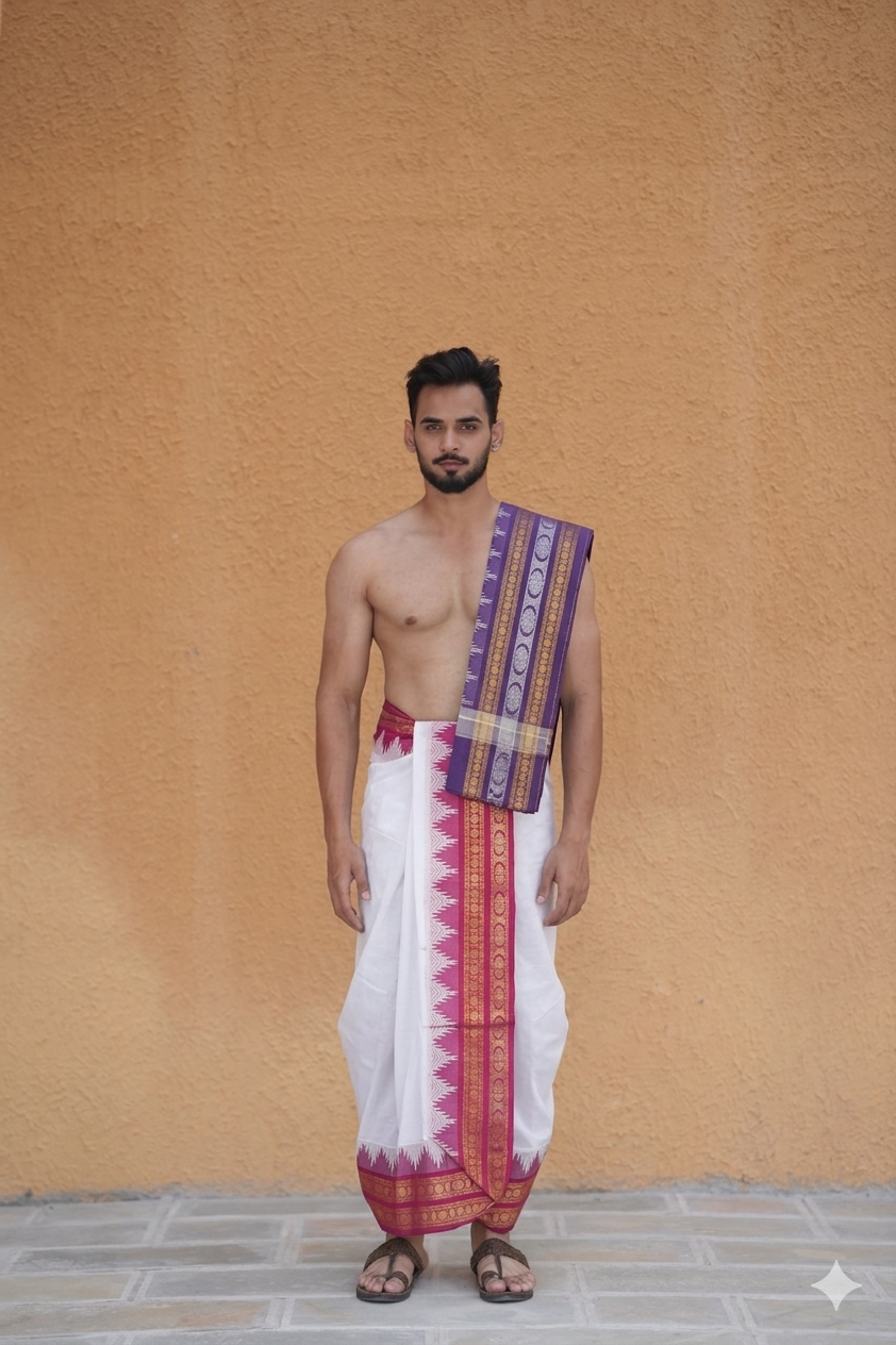 Man wearing a traditional white dhoti with a pink and purple uparana
