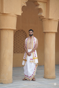 Men attire lotus printed cotton dhoti with uparana