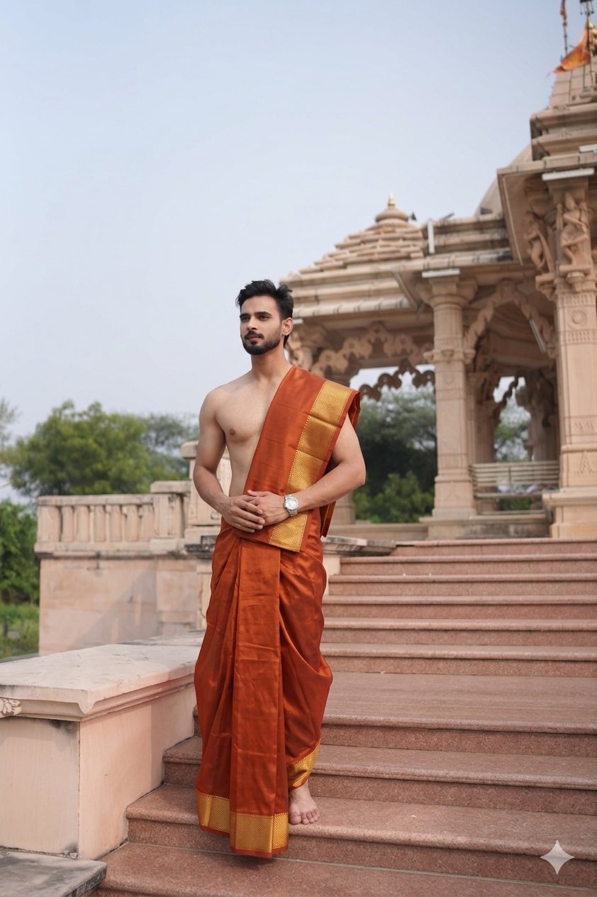 Pure Silk Dhoti (10 × 6) for Men | Orange Tone with Premium Golden Border Ratnadeep Dhoti