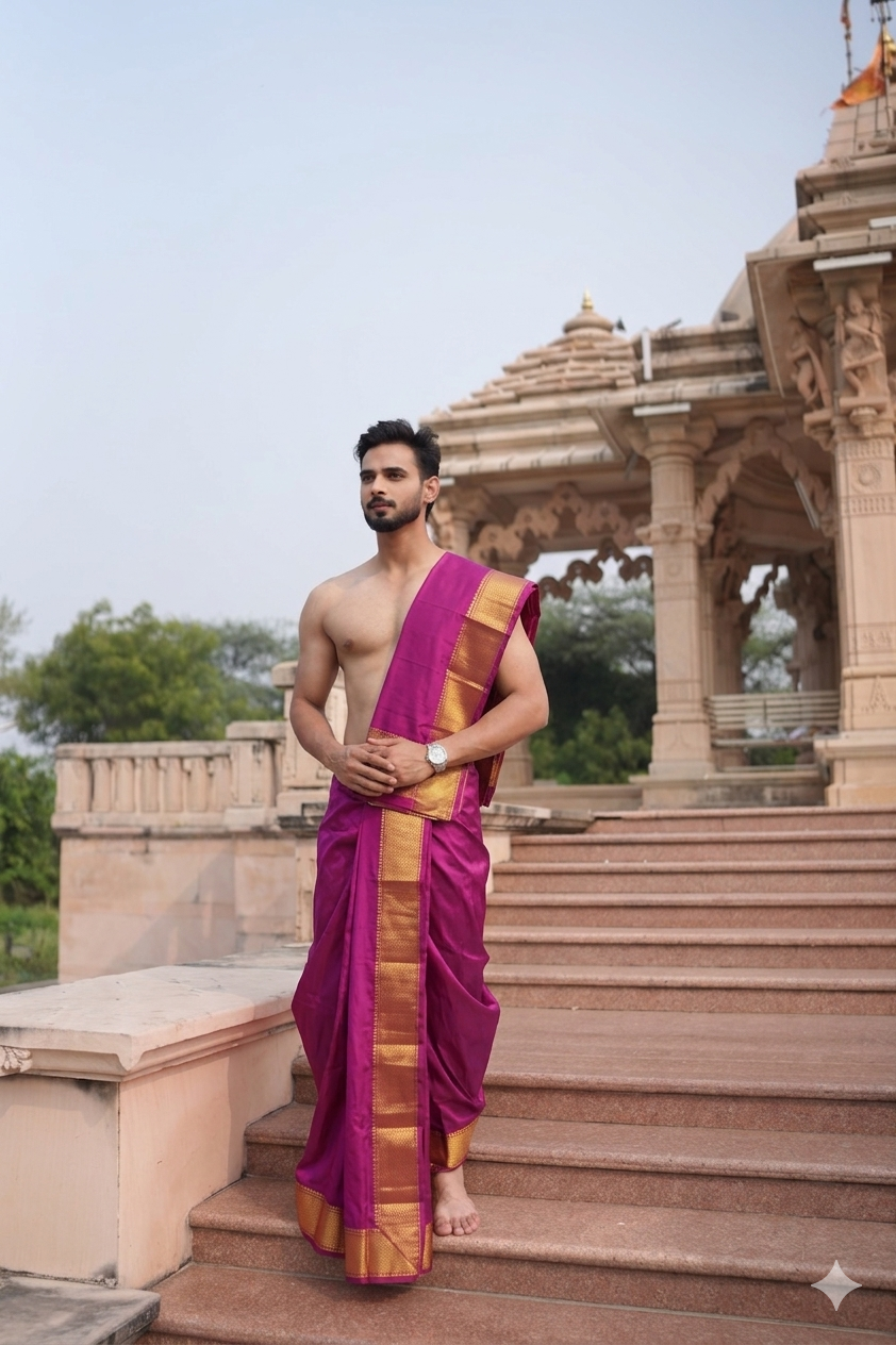 Man wearing a purple dhoti with gold border background