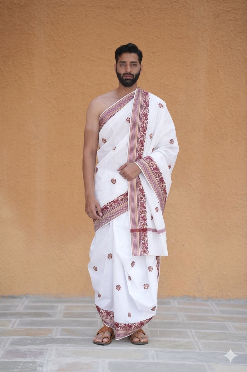 Man wearing a white dhoti with red patterns against a beige wall.
