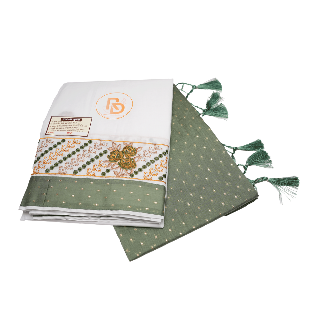 Elegant dark green and floral embroidery bordered white cotton dhoti with matching gamchha