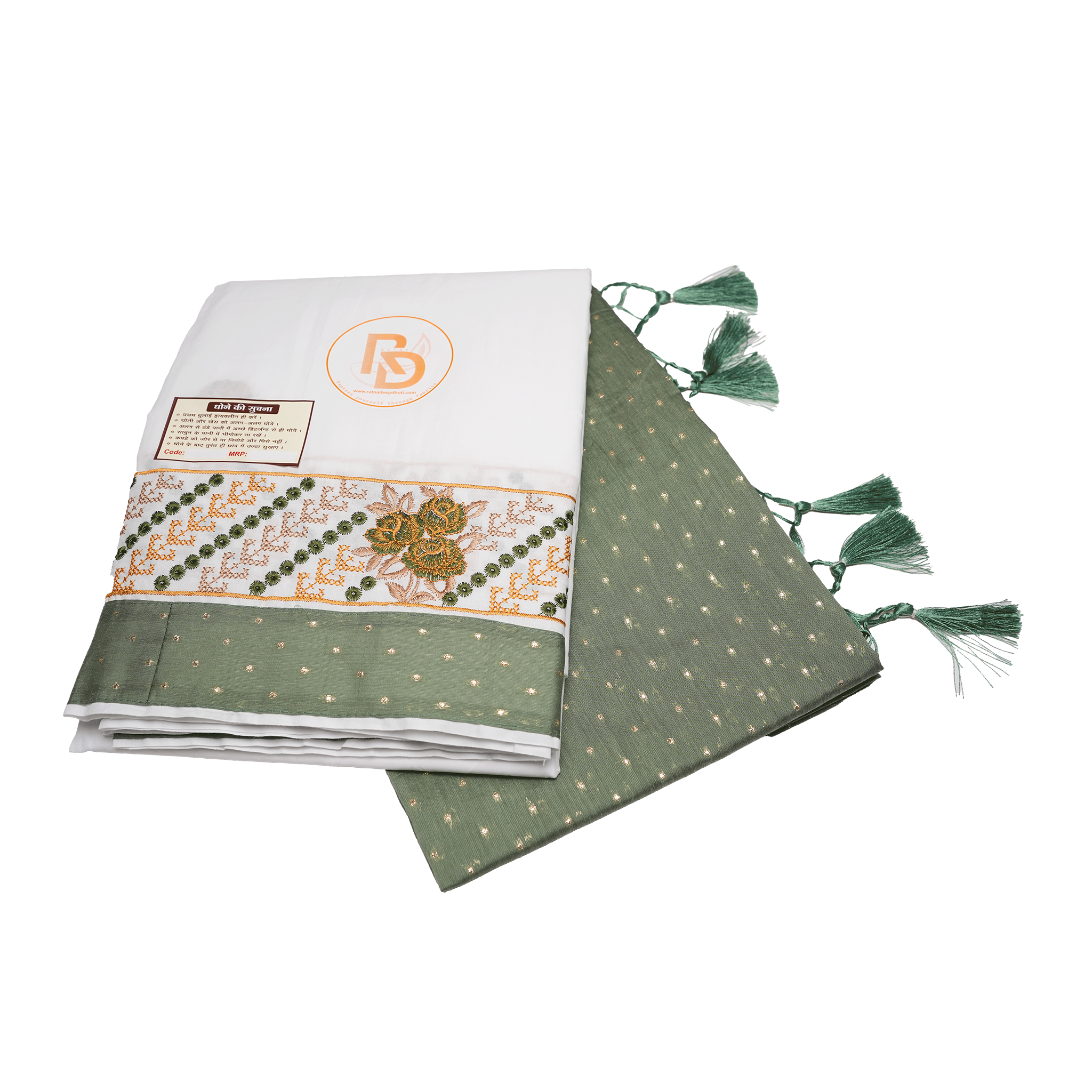 Elegant dark green and floral embroidery bordered white cotton dhoti with matching gamchha