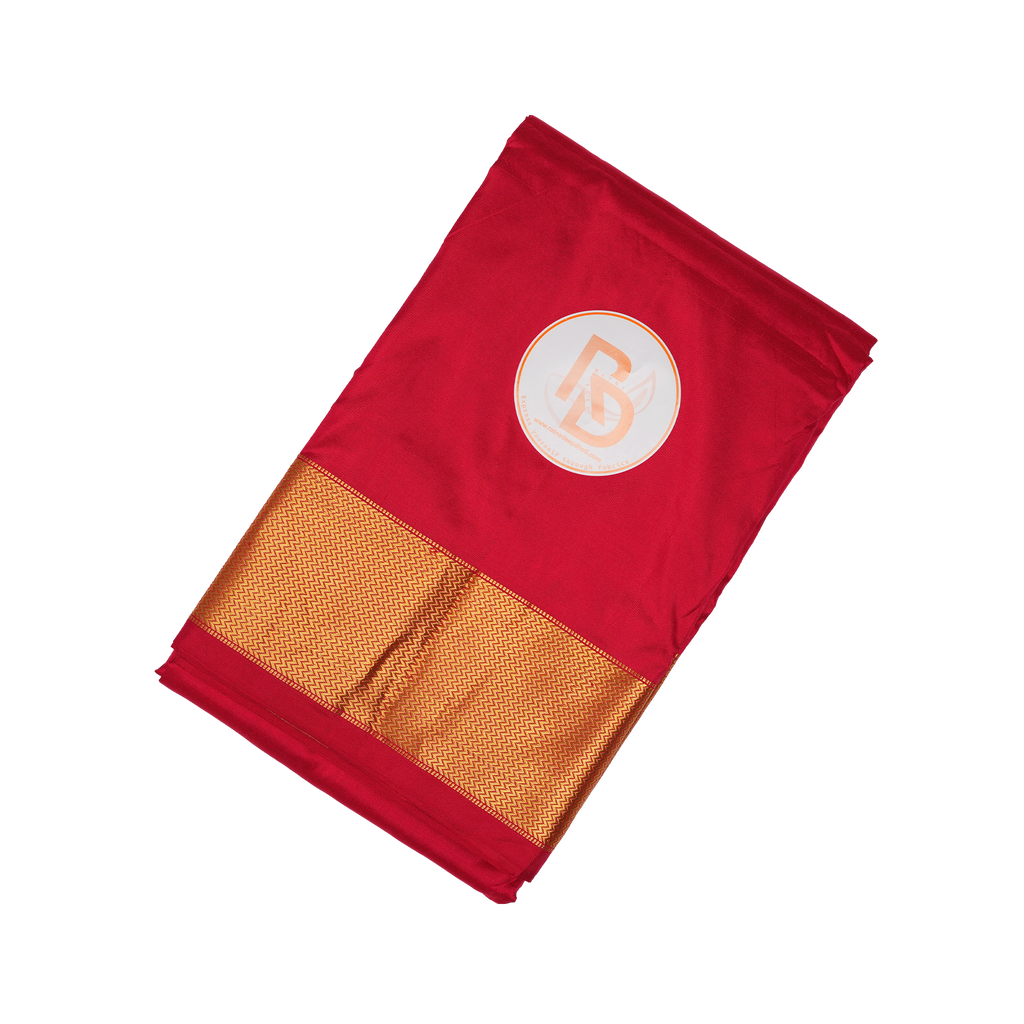 Pure silk red dhoti with golden zigzag pattern border