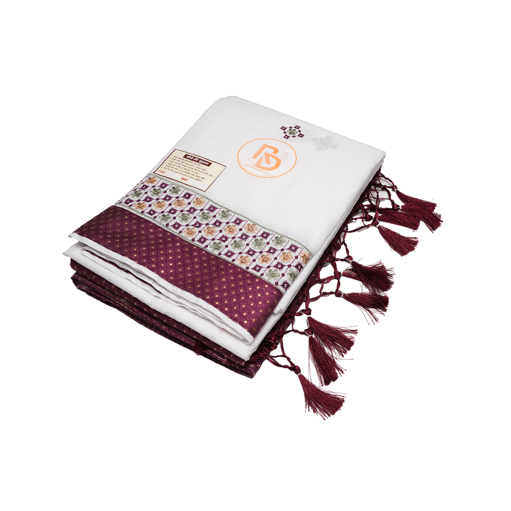 premium floral border & golden star bordered white cotton dhoti with matching gamchha