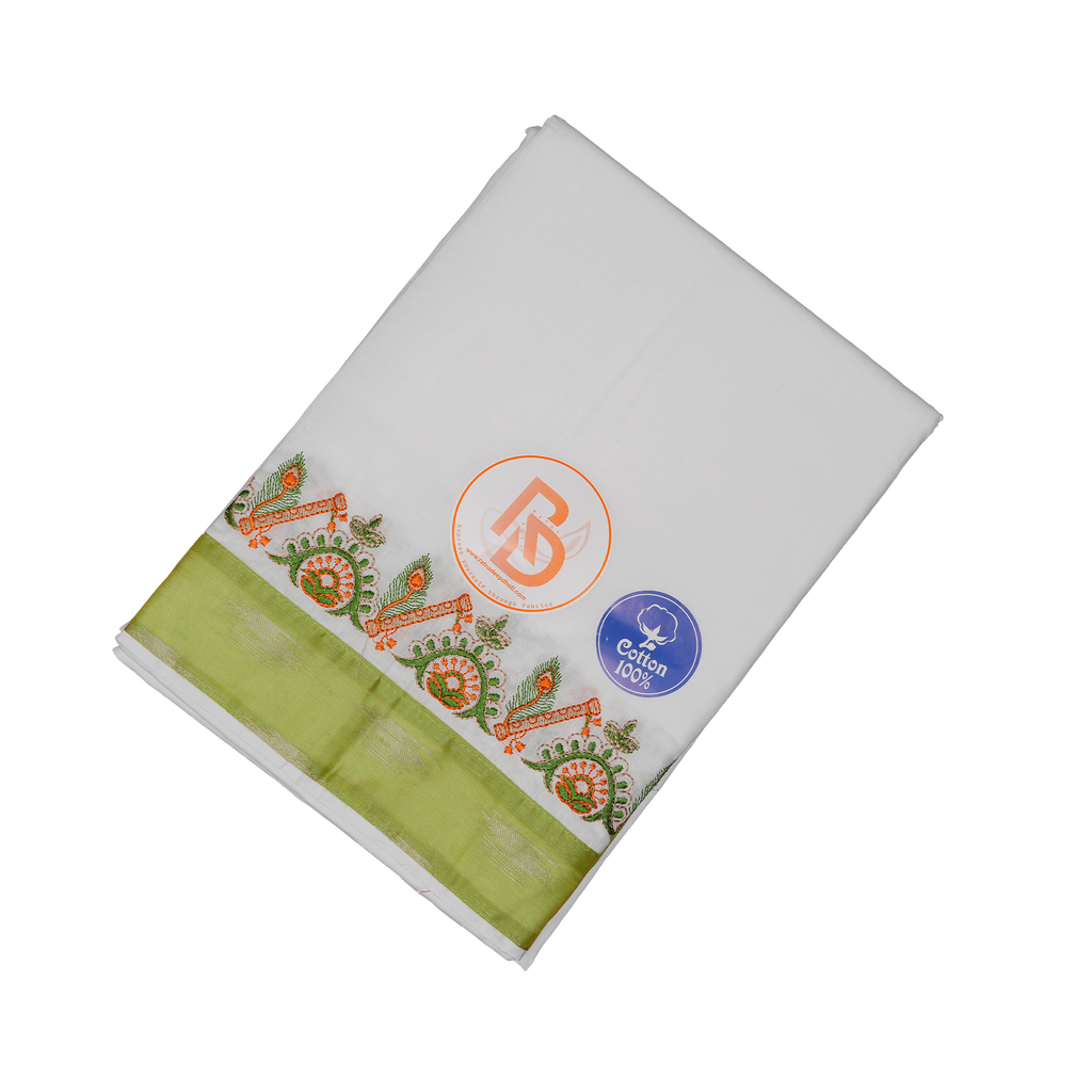 White dhoti set with mehndi border and flute embroidered design on a white dhoti