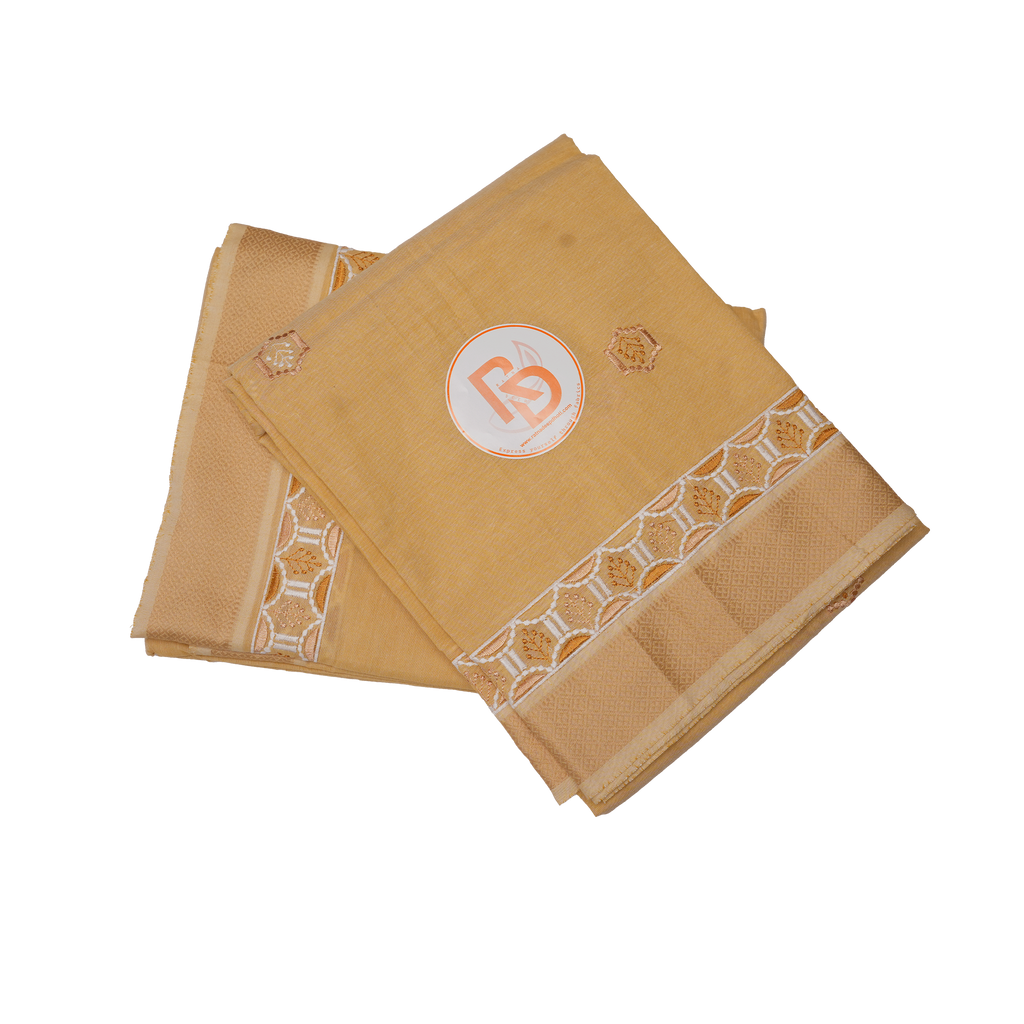 Pure Cotton Golden Yellow Dhoti(10 × 6) & Uparana Set with Embroidery & Zari Border ratnadeepdhoti