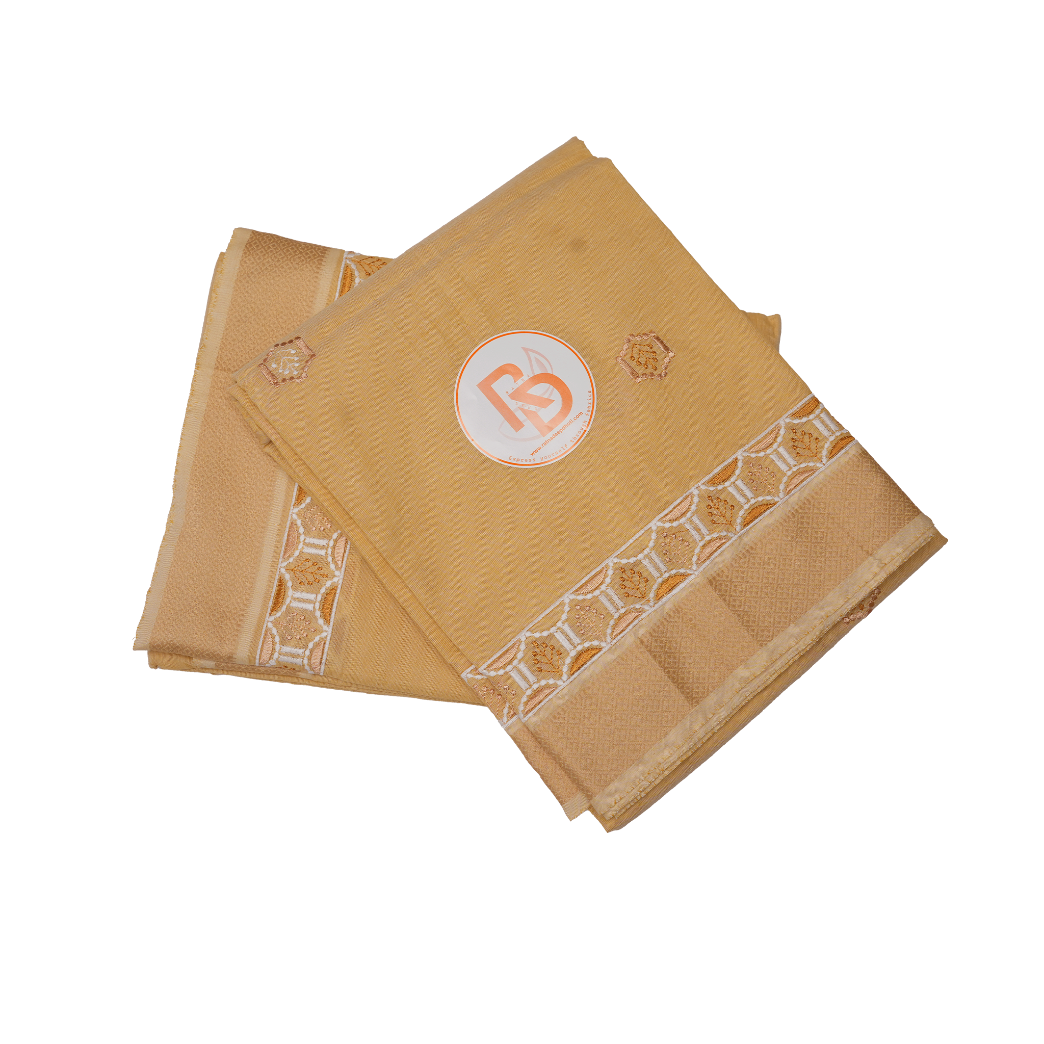 Pure Cotton Golden Yellow Dhoti(10 × 6) & Uparana Set with Embroidery & Zari Border ratnadeepdhoti