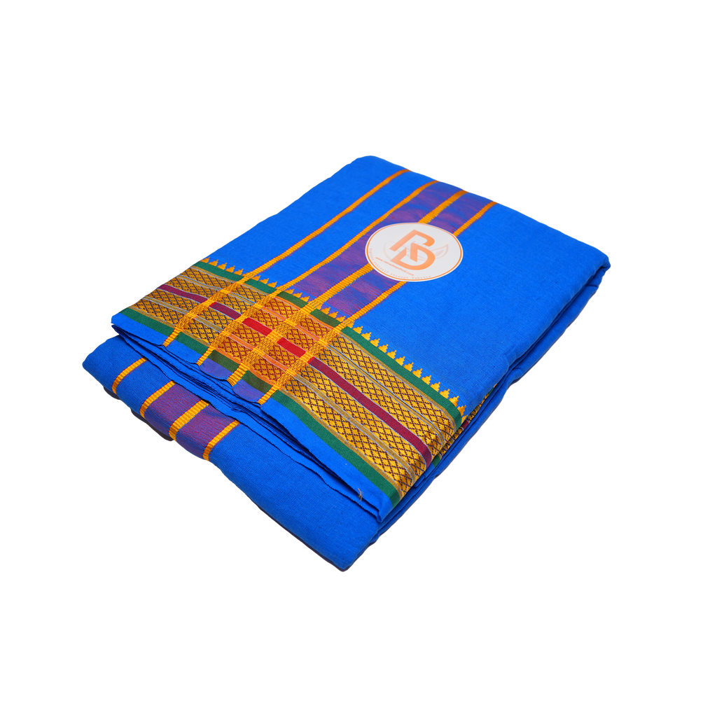 Golden border blue cotton dhoti set