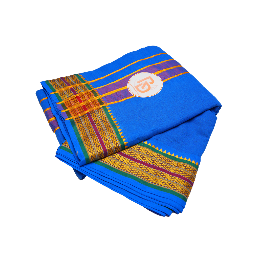 Golden border blue cotton dhoti set