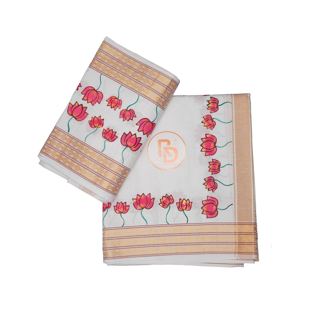 White Cotton Dhoti Set with Golden Border & Lotus Floral Printed Design