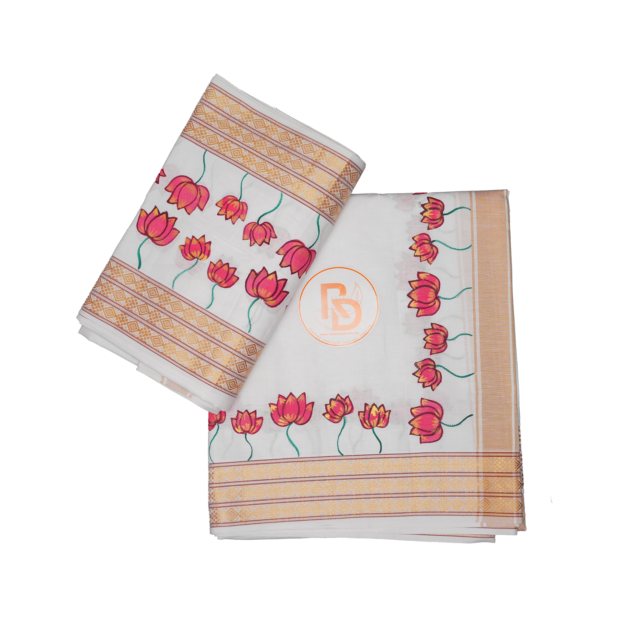 White Cotton Dhoti Set with Golden Border & Lotus Floral Printed Design