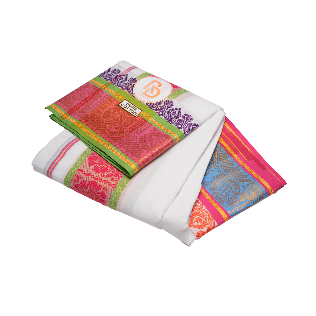 Golden floral jacquard border white pure cotton dhoti set