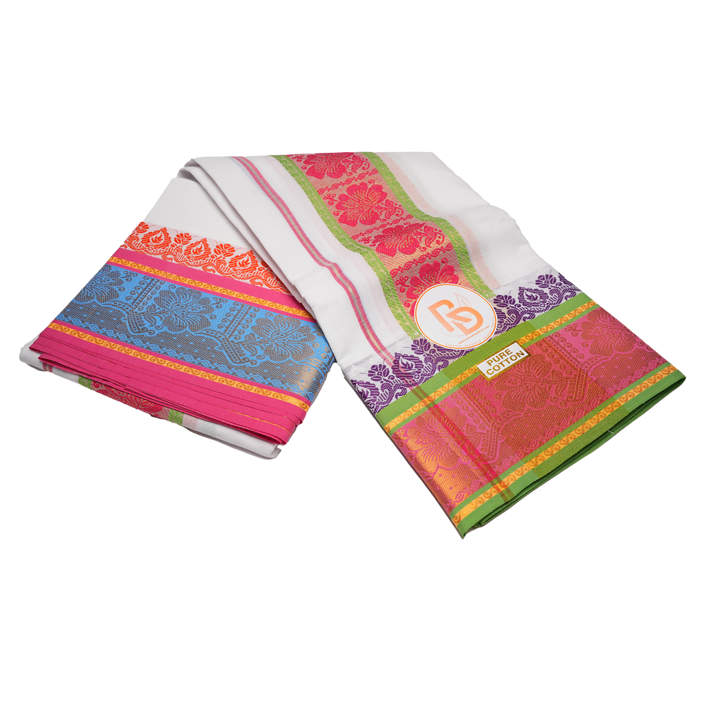 Golden floral jacquard border white pure cotton dhoti set