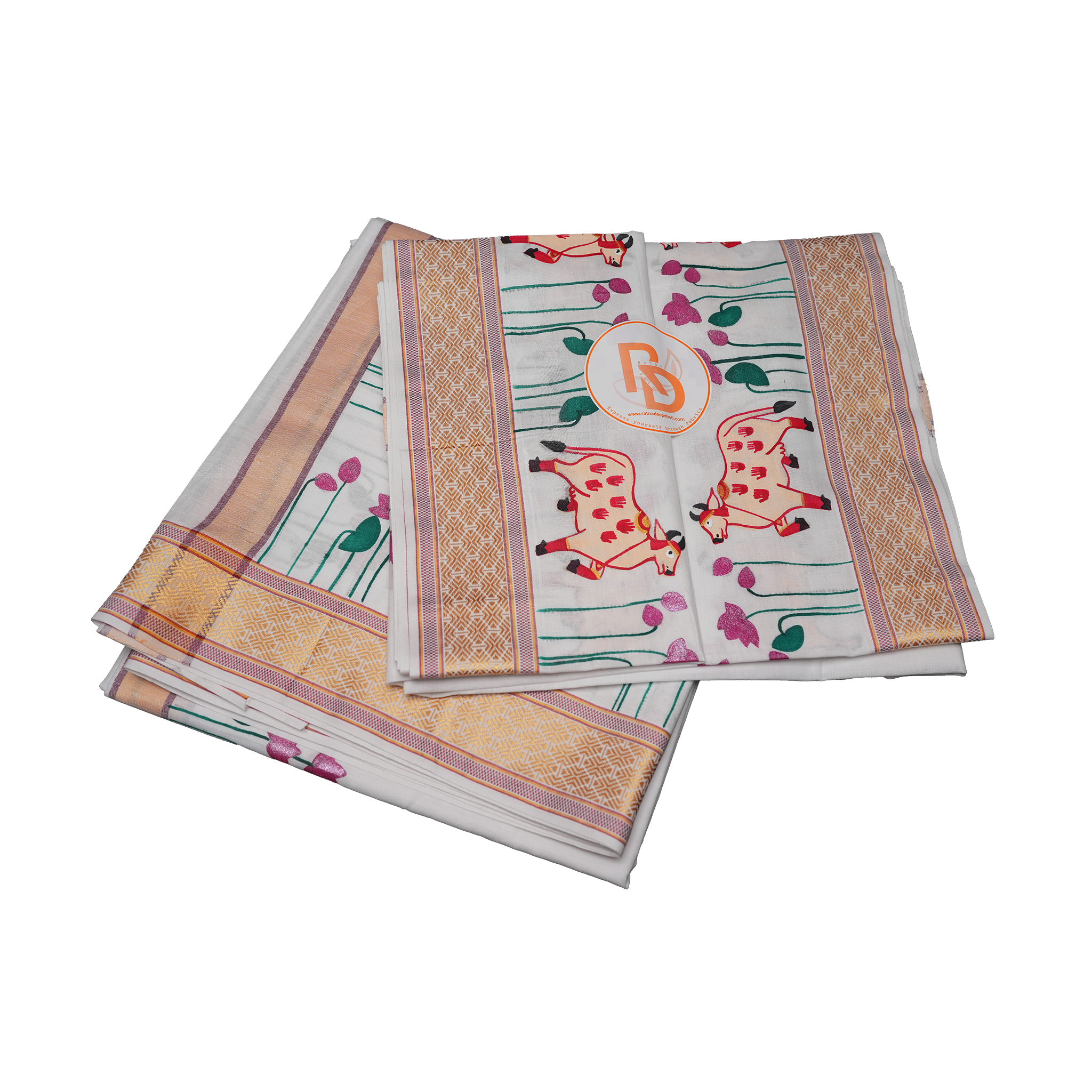 Handprint cotton dhoti set | traditional cow design & jacquard border