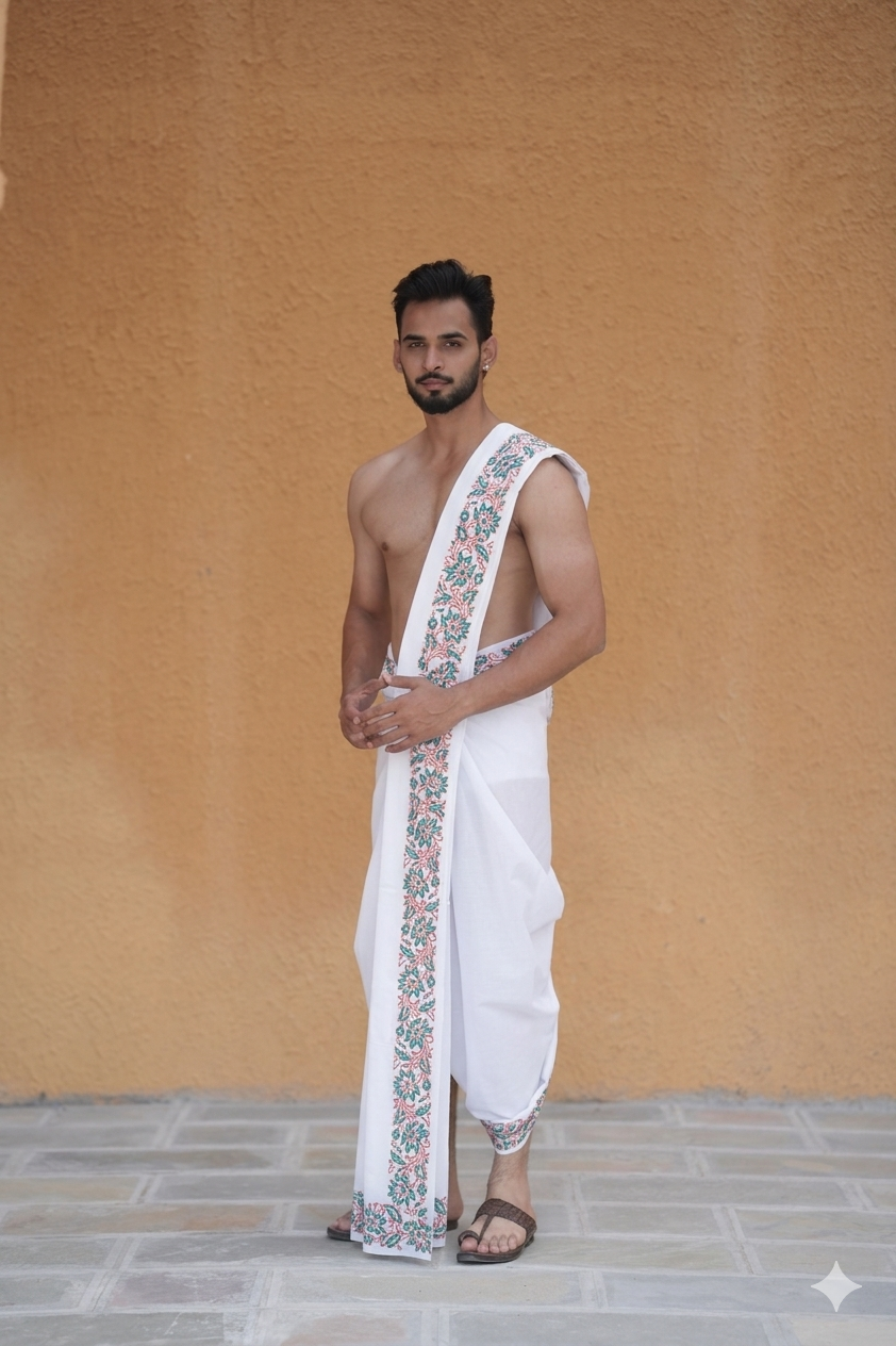 Men’s Ethnic White Cotton Dhoti (10x6) with Green Floral Detailing Ratnadeep Dhoti