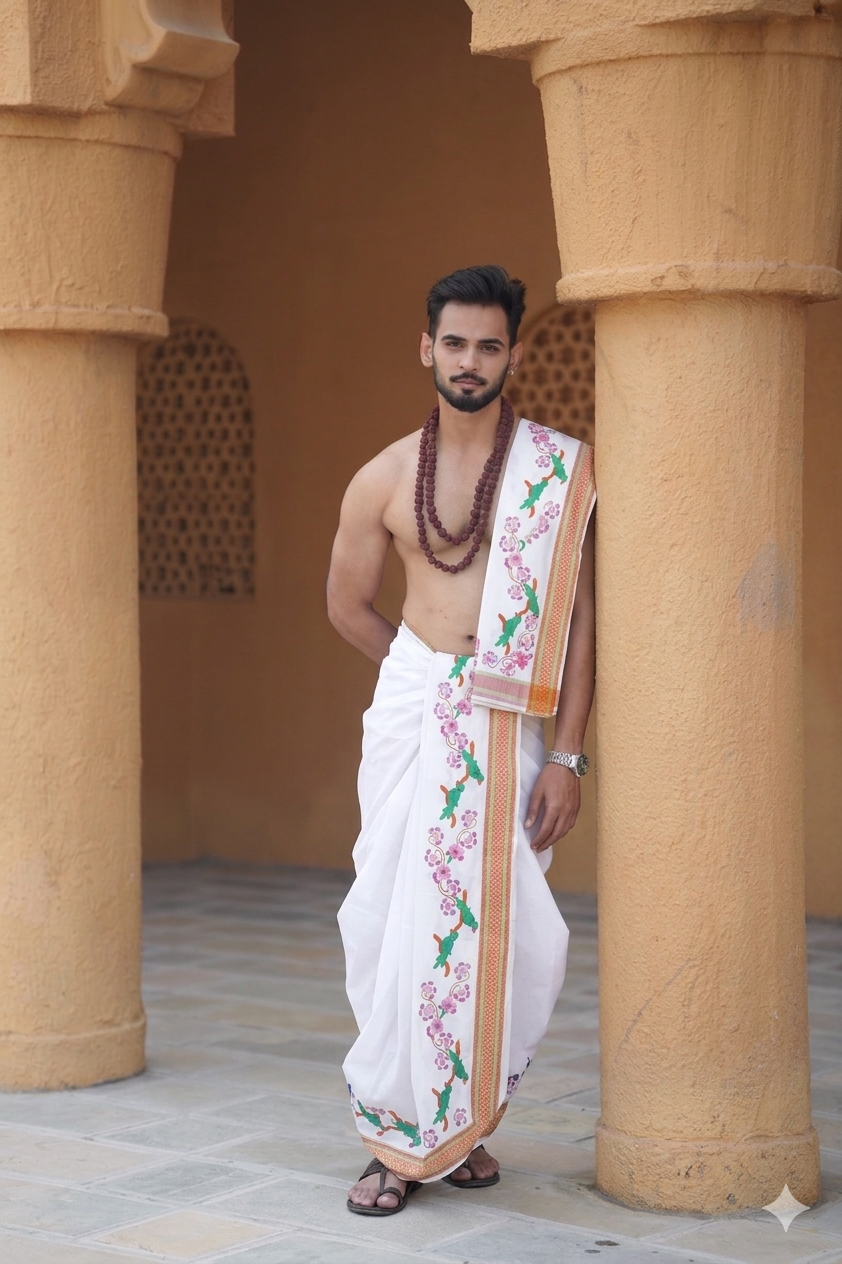 Man in traditional attire standing between two stone columns