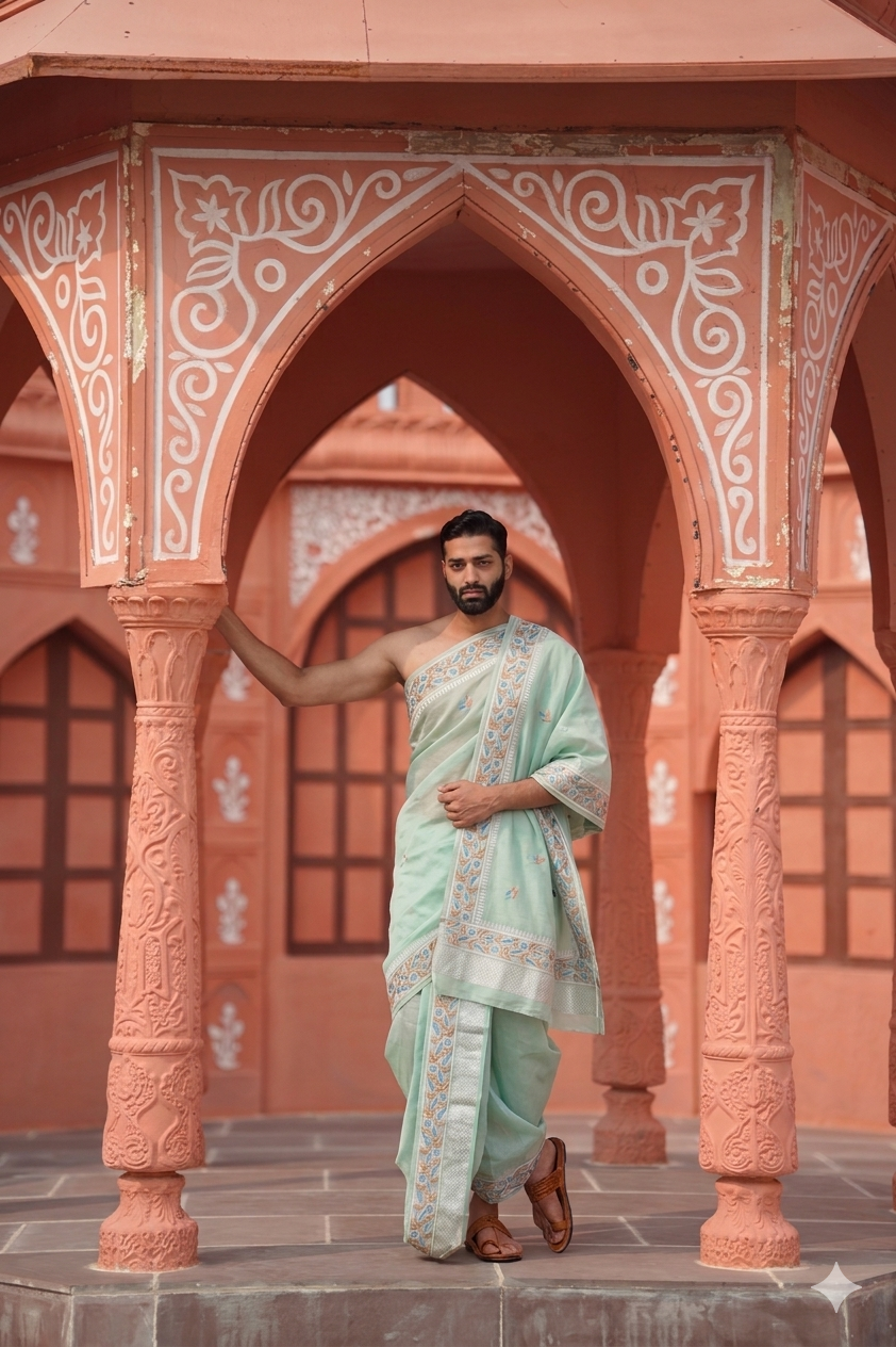 Man in traditional attire standing in an architectural setting with ornate columns.