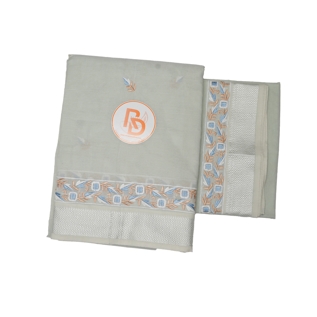 Light Green Cotton Dhoti Set(10 × 6) with Pastel Embroidered Border | Traditional Wear for Men ratnadeepdhoti