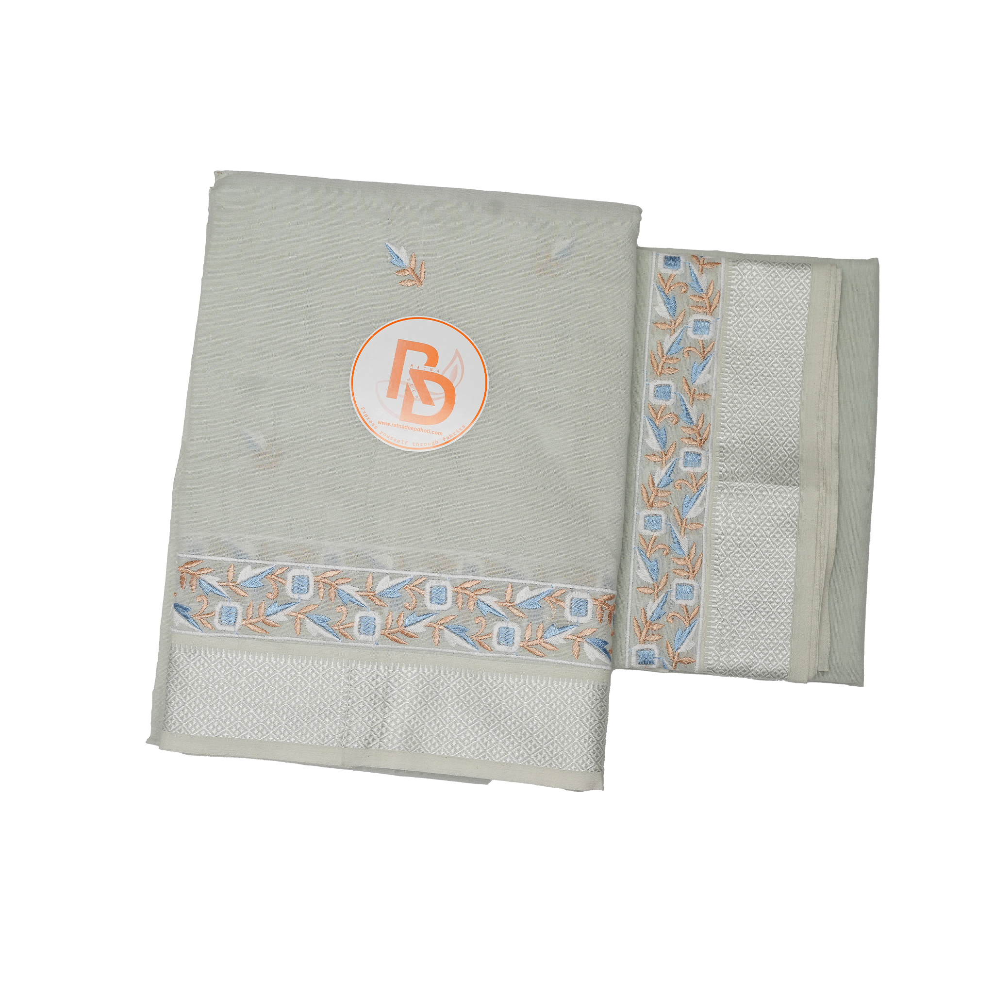 Light Green Cotton Dhoti Set(10 × 6) with Pastel Embroidered Border | Traditional Wear for Men ratnadeepdhoti
