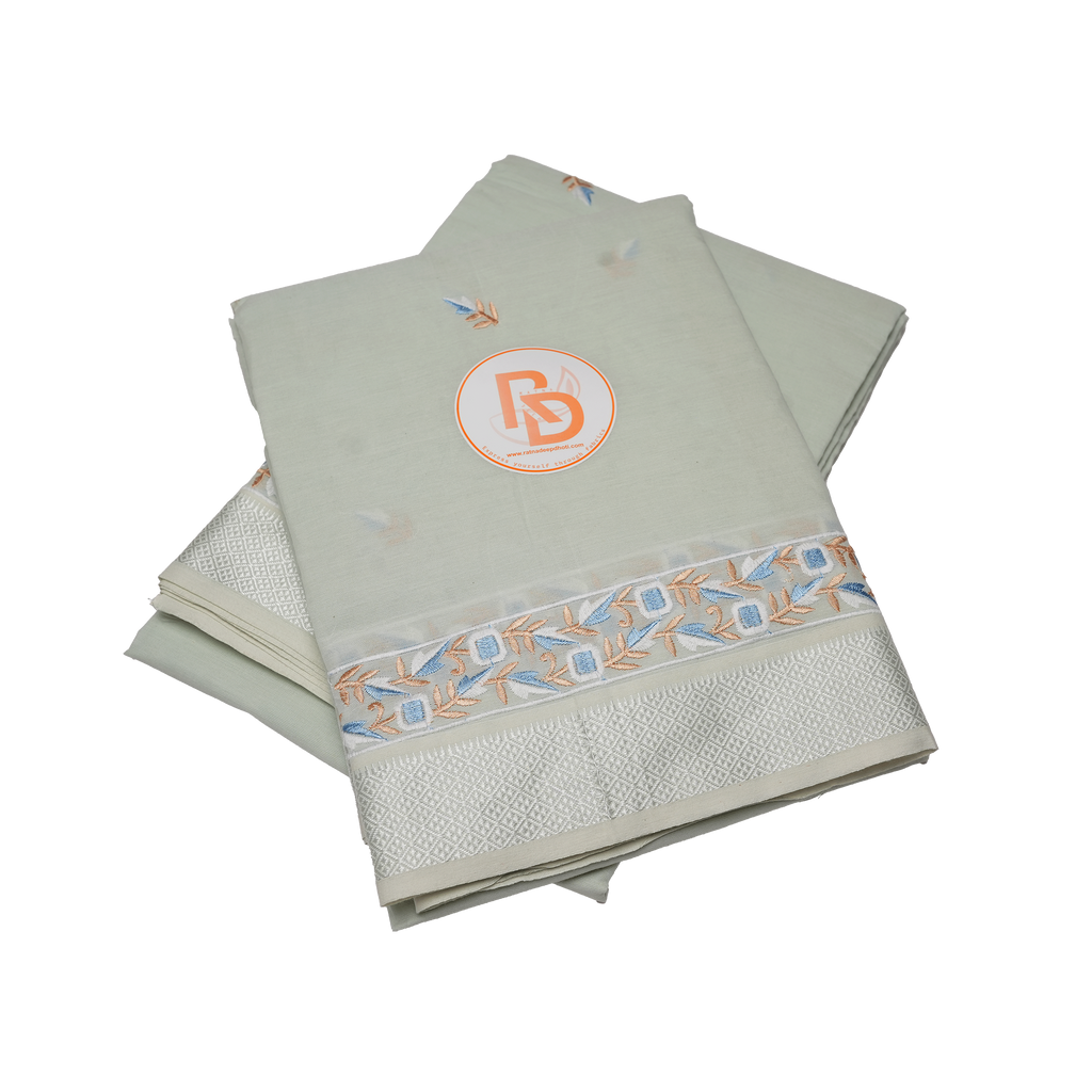 Light Green Cotton Dhoti Set(10 × 6) with Pastel Embroidered Border | Traditional Wear for Men ratnadeepdhoti