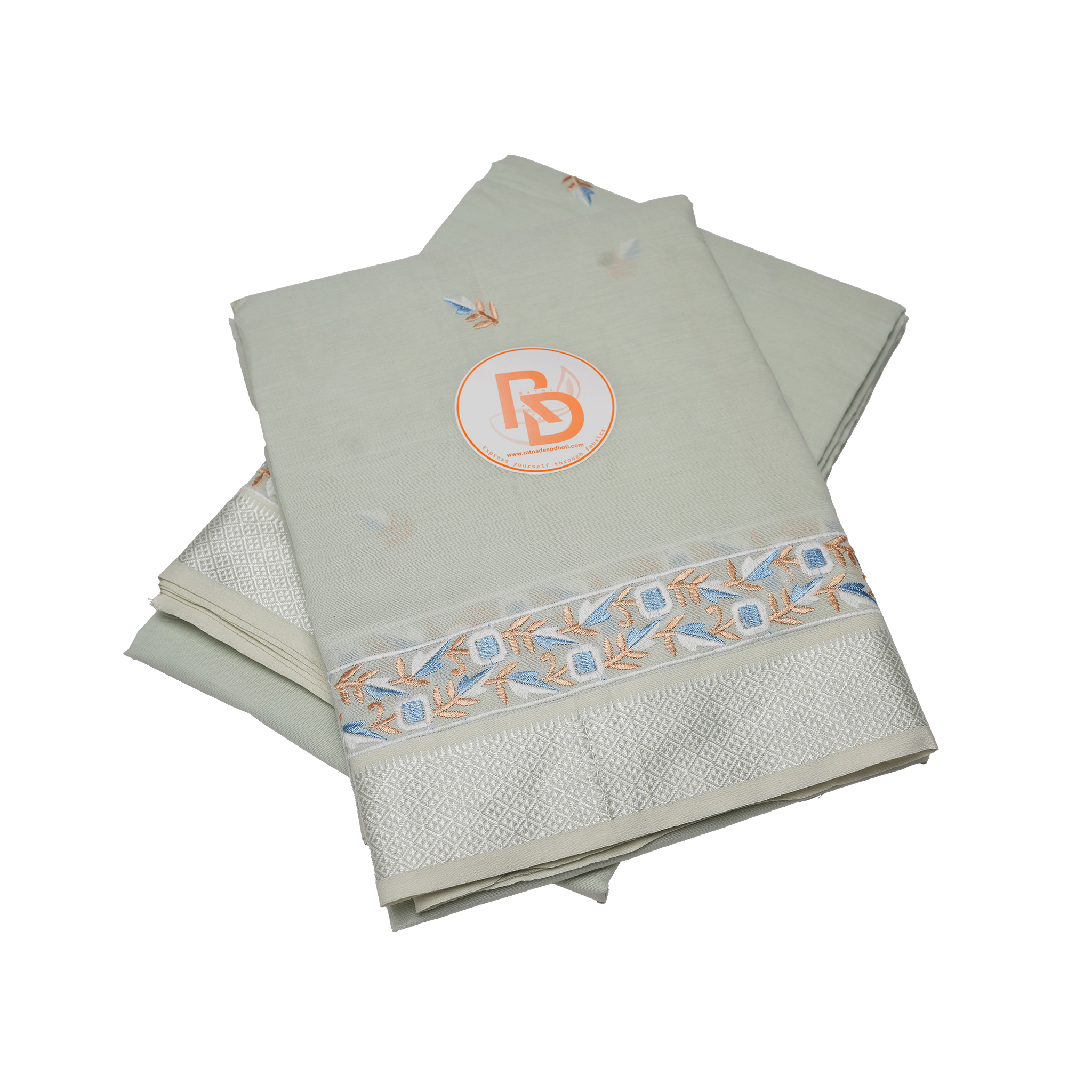 Light Green Cotton Dhoti Set(10 × 6) with Pastel Embroidered Border | Traditional Wear for Men ratnadeepdhoti